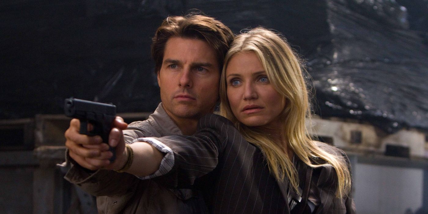 Roy Miller (Tom Cruise) helping June Havens (Cameron Diaz) shoot a handgun in Knight and Day