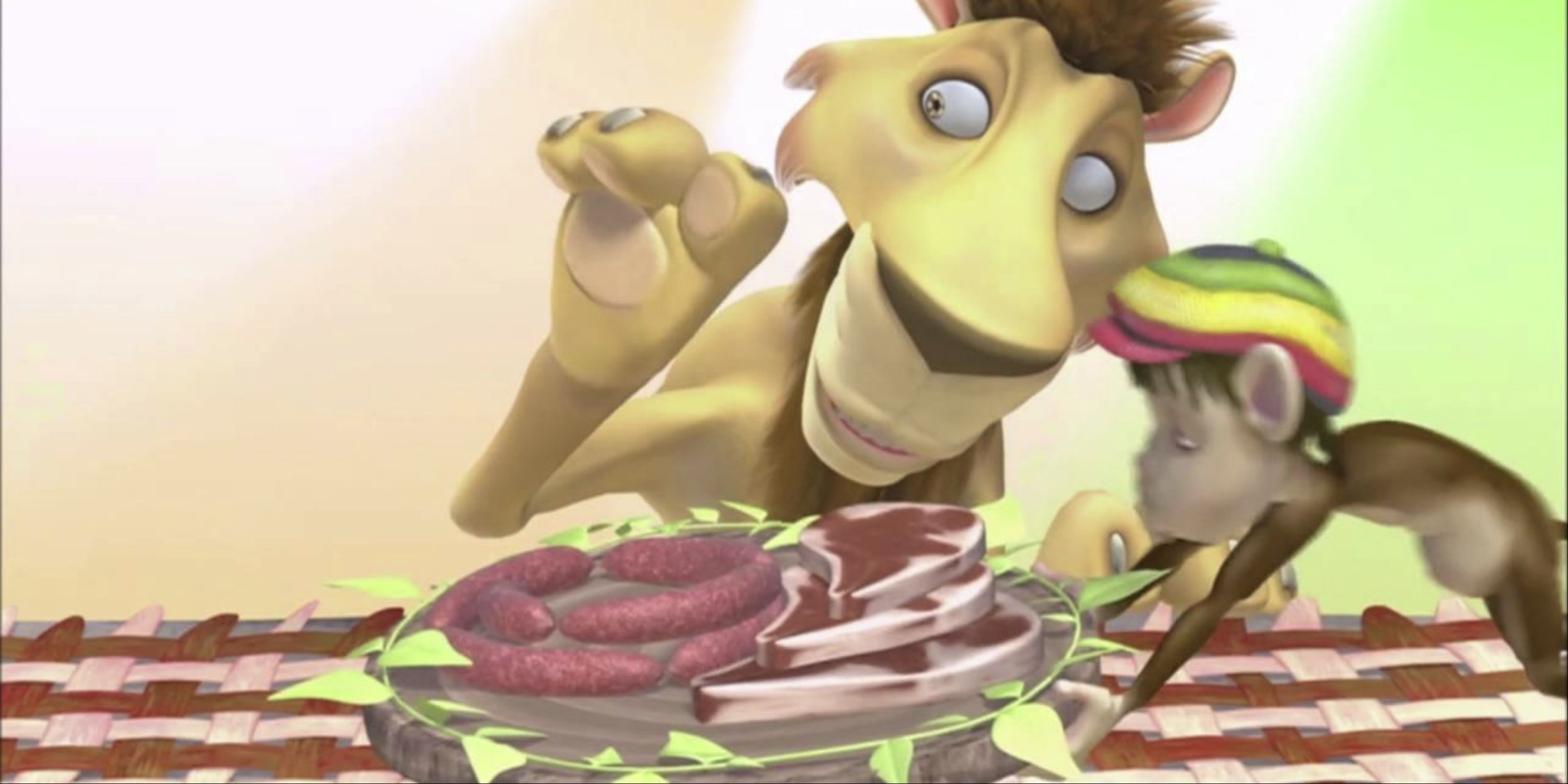 Leo the Lion being served a plate of meat by a monkey in Leo the Lion