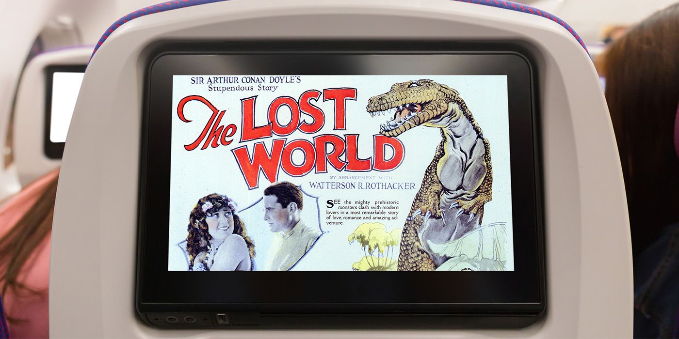 Custom image of a cropped Lost World poster on a seatback screen in an airplane