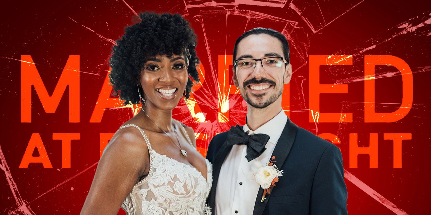 'Married at First Sight's' Lauren and Orion smile on wedding day with show logo and shatter glass in the background