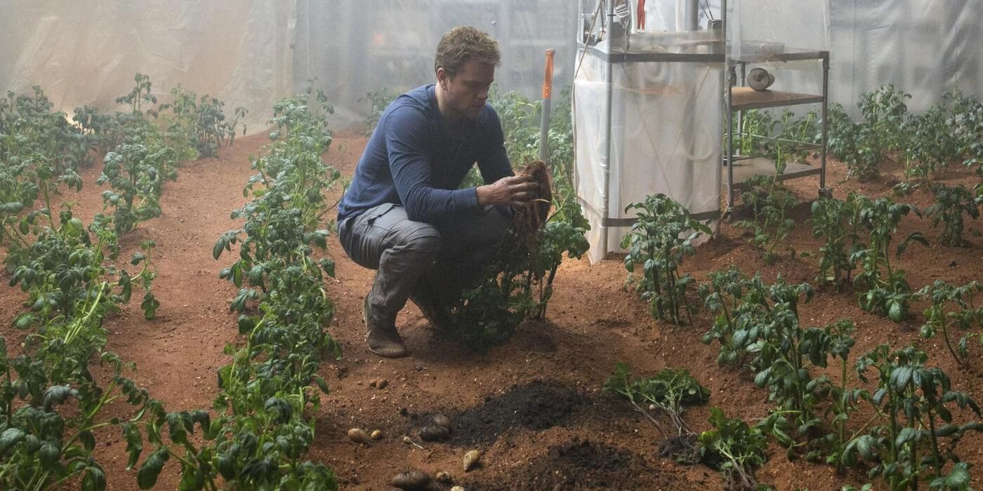 Matt Damon tends to the potato crops on Mars in Ridley Scott's 'The Martian'