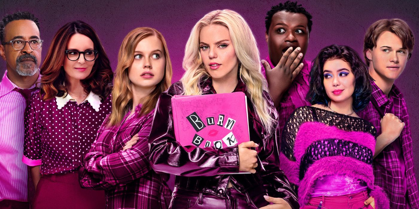 Principal Duvall (Tim Meadows), Ms. Norbury (Tina Fey), Cady Heron (Angourie Rice), Regina George (Reneé Rapp), Damian Hubbard (Jaquel Spivey), Janis 'Imi'ike (Auli'i Cravalho), and Aaron Samuels (Christopher Briney) on the poster for the Mean Girls musical movie