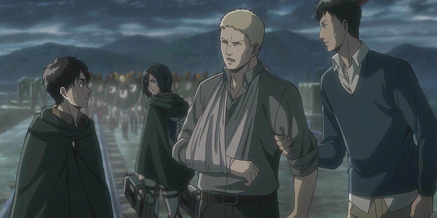 Mikasa overhears Eren talking to Reiner and Bertholdt in Attack on Titan