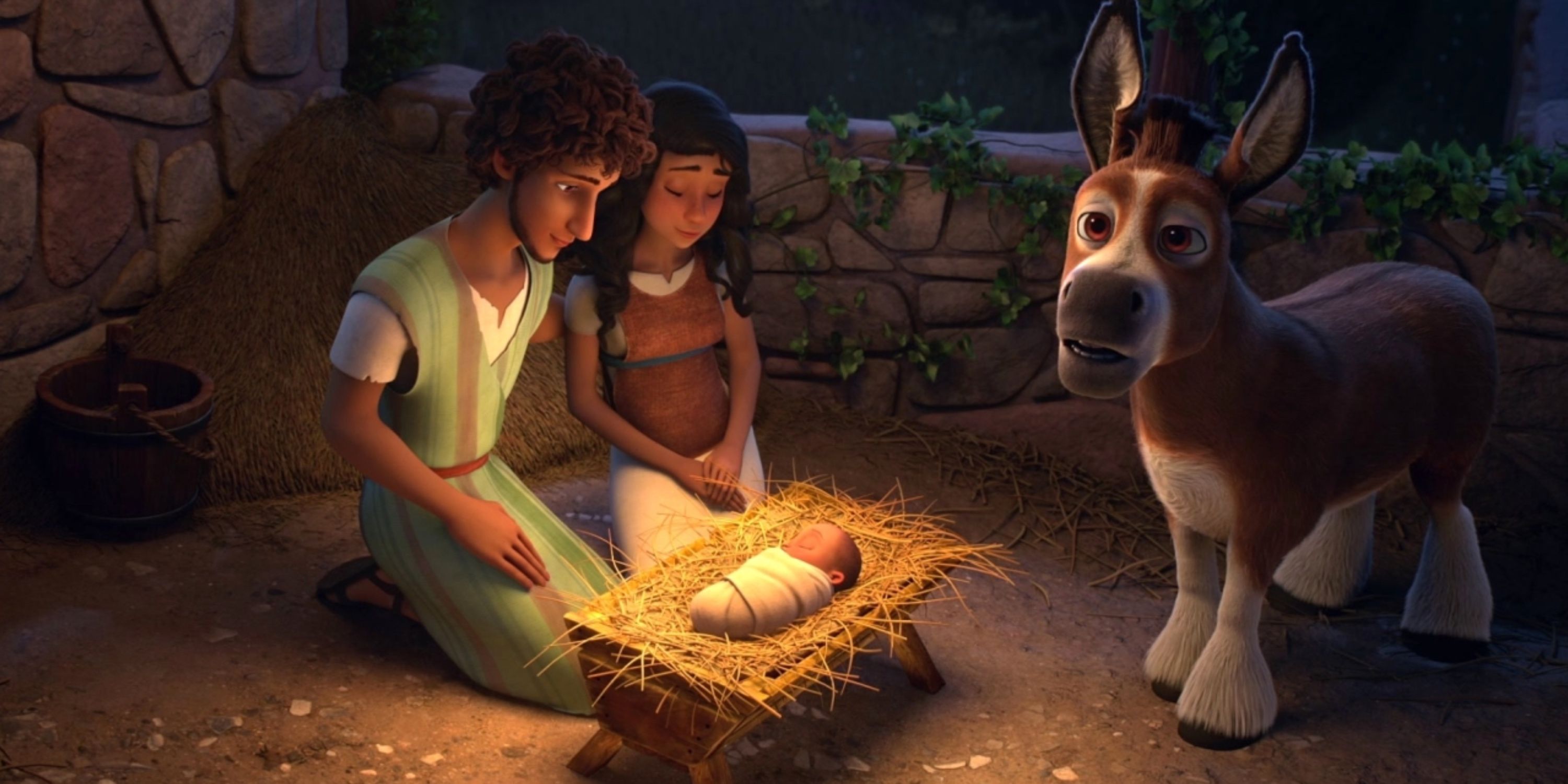 Bo the donkey with Joseph, Mary, and baby Jesus in The Star