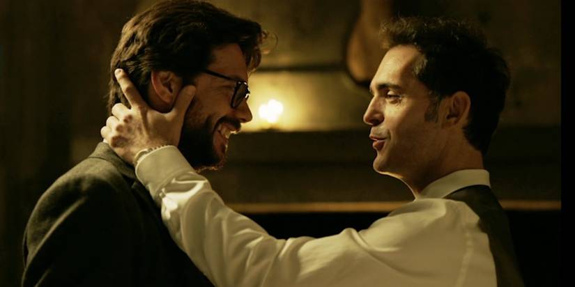 Pedro Alonso as Berlin holding Álvaro Morte as The Professor in 'Money Heist.'
