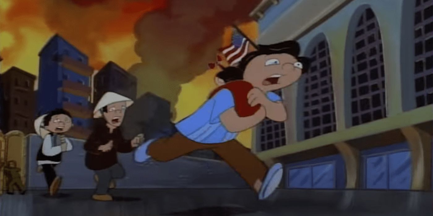 Mr. Hyunh running in fear whil holding his baby daughter in Hey Arnold