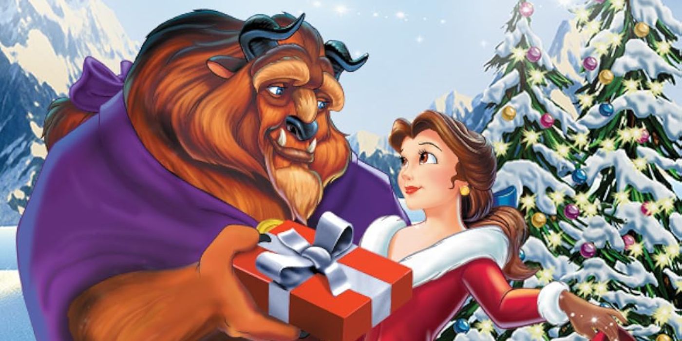 Beast and Belle exhanging gifts and looking at each other lovingly in 'Beauty and the Beast: The Enchanted Christmas'