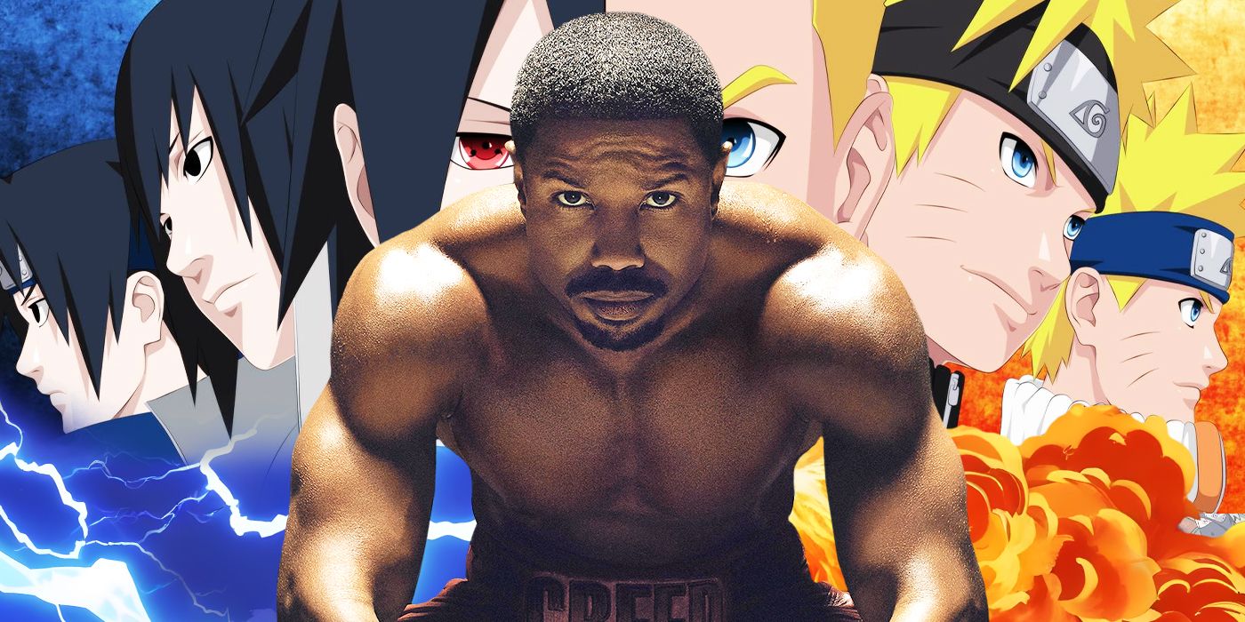 Michael B. Jordan in Creed with Naruto and Sasuke from Naruto in the backgroudn