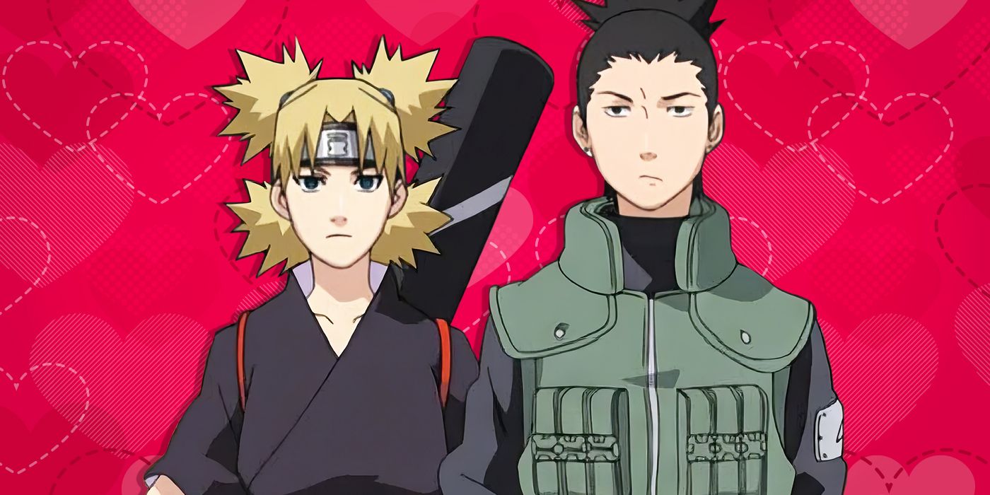 Naruto's Shikamaru and Temari in front of a pink heart-filled background