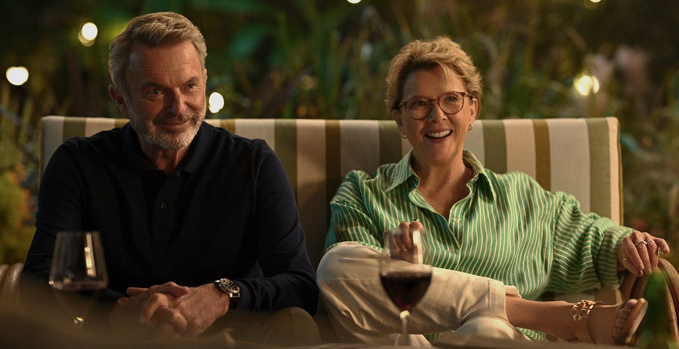Sam Neill and Anette Bening drink wine and relax in Apples Never Fall