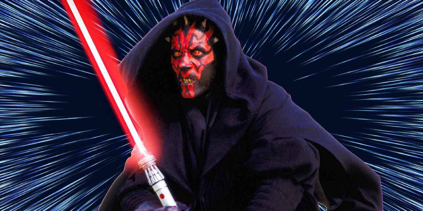 Darth Maul with his hood on holding his red lightsaber with a light-speed background
