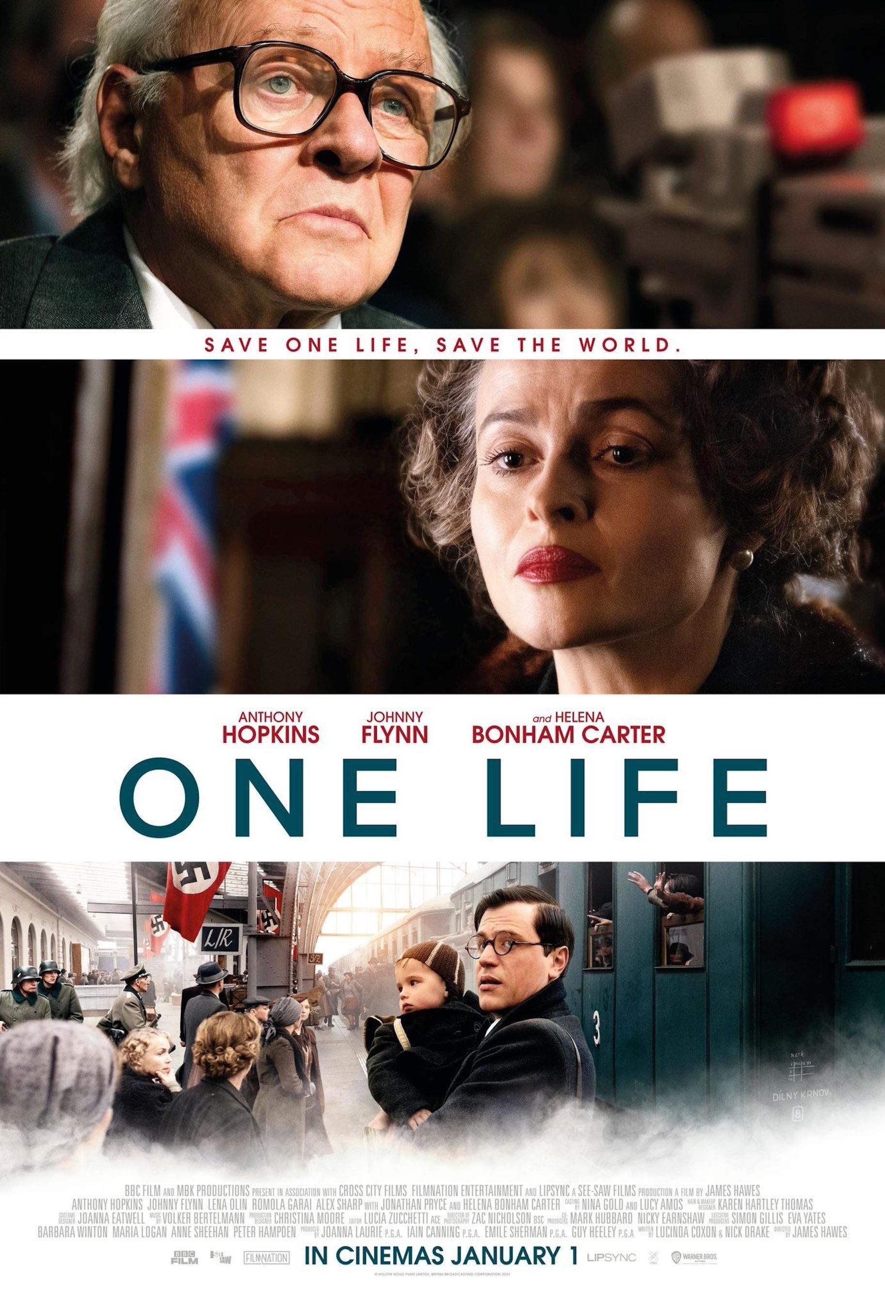 Anthony Hopkins, Johnny Flynn, and Helena Bonham Carter on One Life film poster