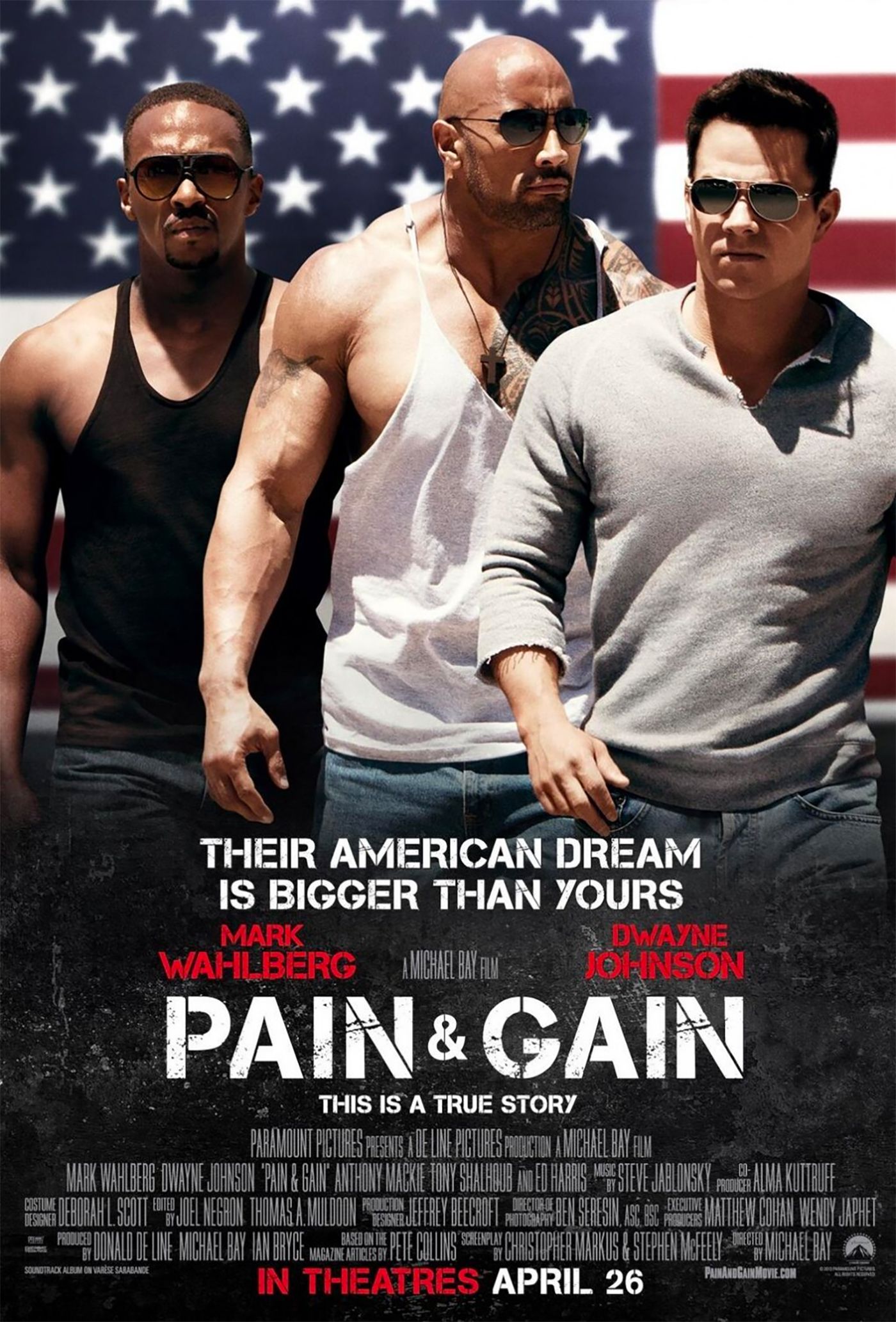Mark Wahlberg, Dwayne Johnson, and Anthony Mackie in the poster for Pain & Gain
