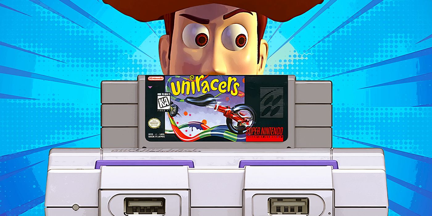 Toy Story's Woody peaking from behind a Nintendo console featuring Uniracers