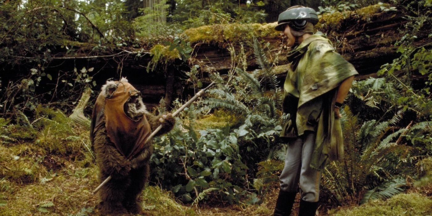 Princess Leia (Carrie Fisher) meets Wicket the Ewok (Warwick Davis) in Star Wars: Return of the Jedi