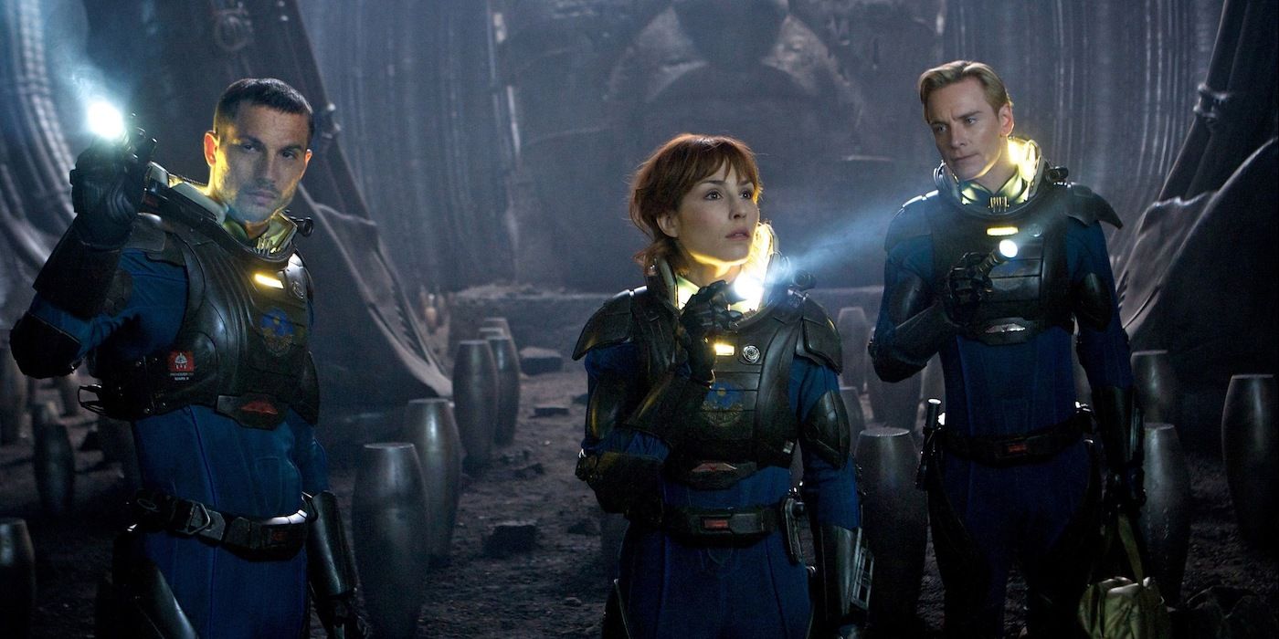 Charlie, Elizabeth, and David exploring an alien planet in Prometheus.