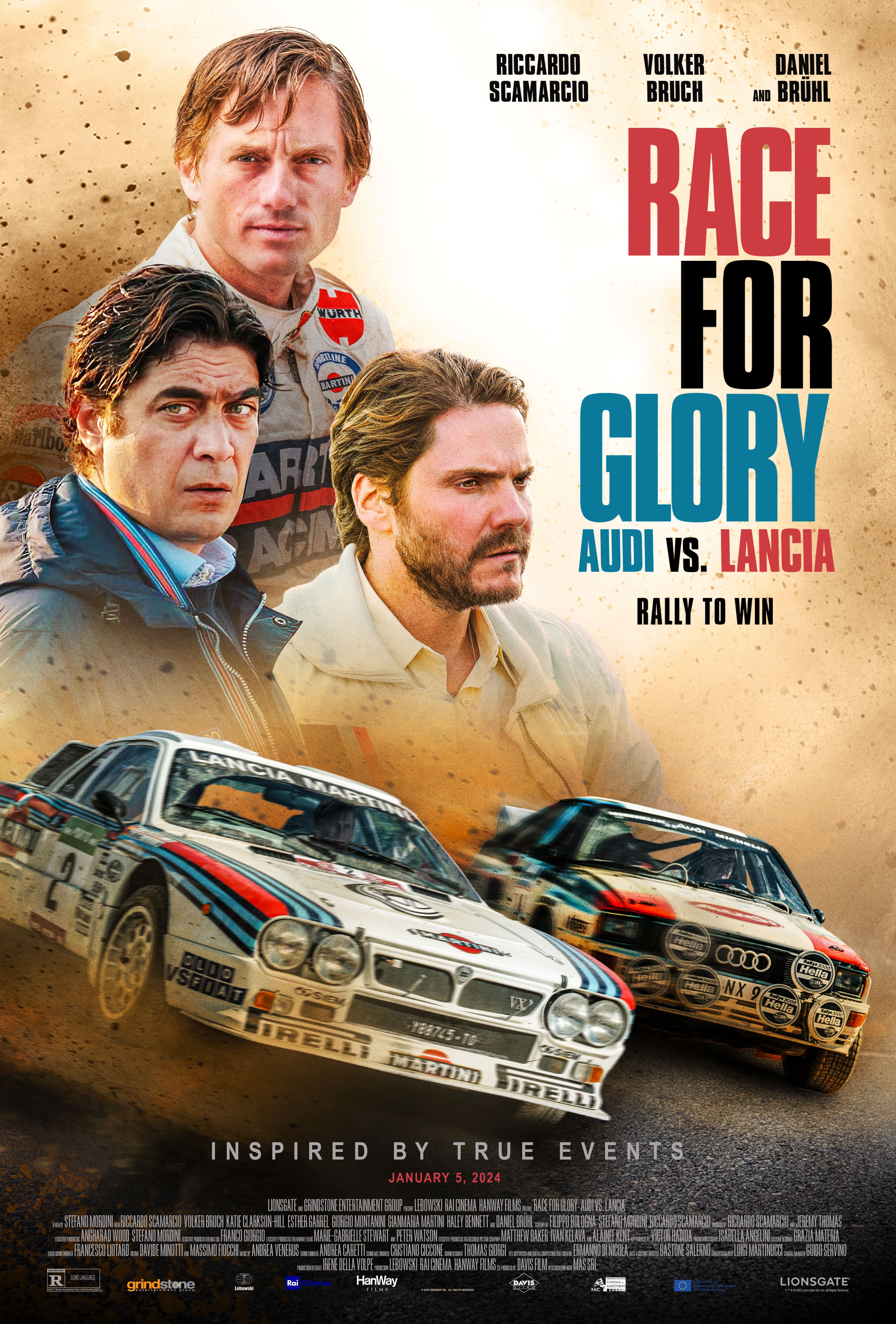 Daniel Brühl, Riccardo Scamarcio, and Volker Bruch on the poster for Race for Glory: Audi vs. Lancia. 