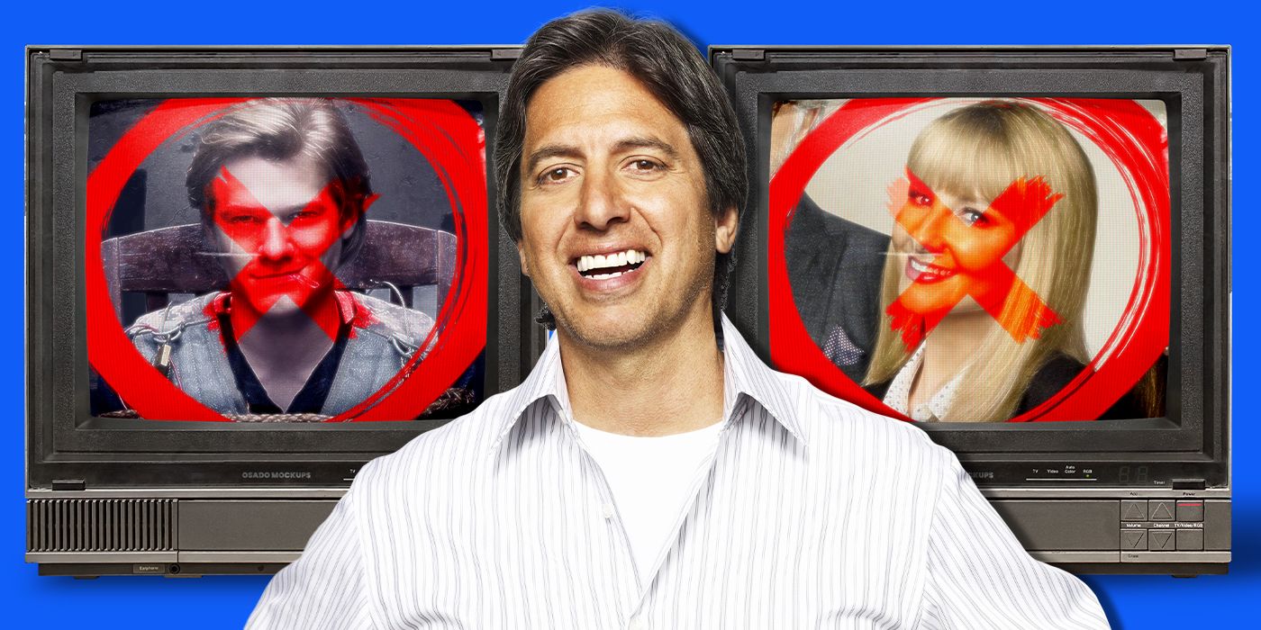 Ray Romano standing in front of televisions with crossed-out images of the MacGyver and Night Court reboots