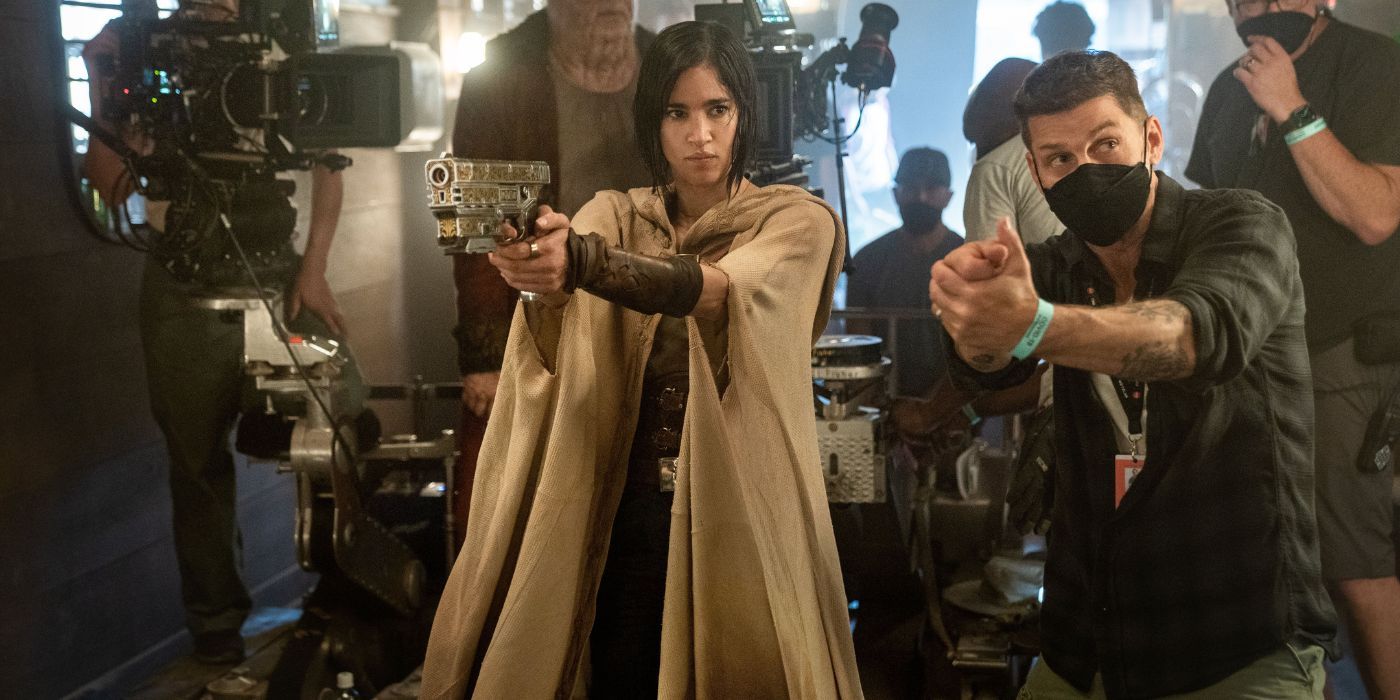 Sofia Boutella being directed by Zack Snyder on the set of Rebel Moon — Part One: A Child of Fire