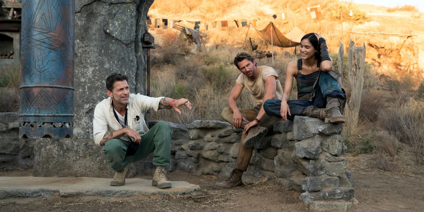 Zack Snyder directing Michiel Huisman and Sofia Boutella on the set of Rebel Moon — Part One: A Child of Fire.