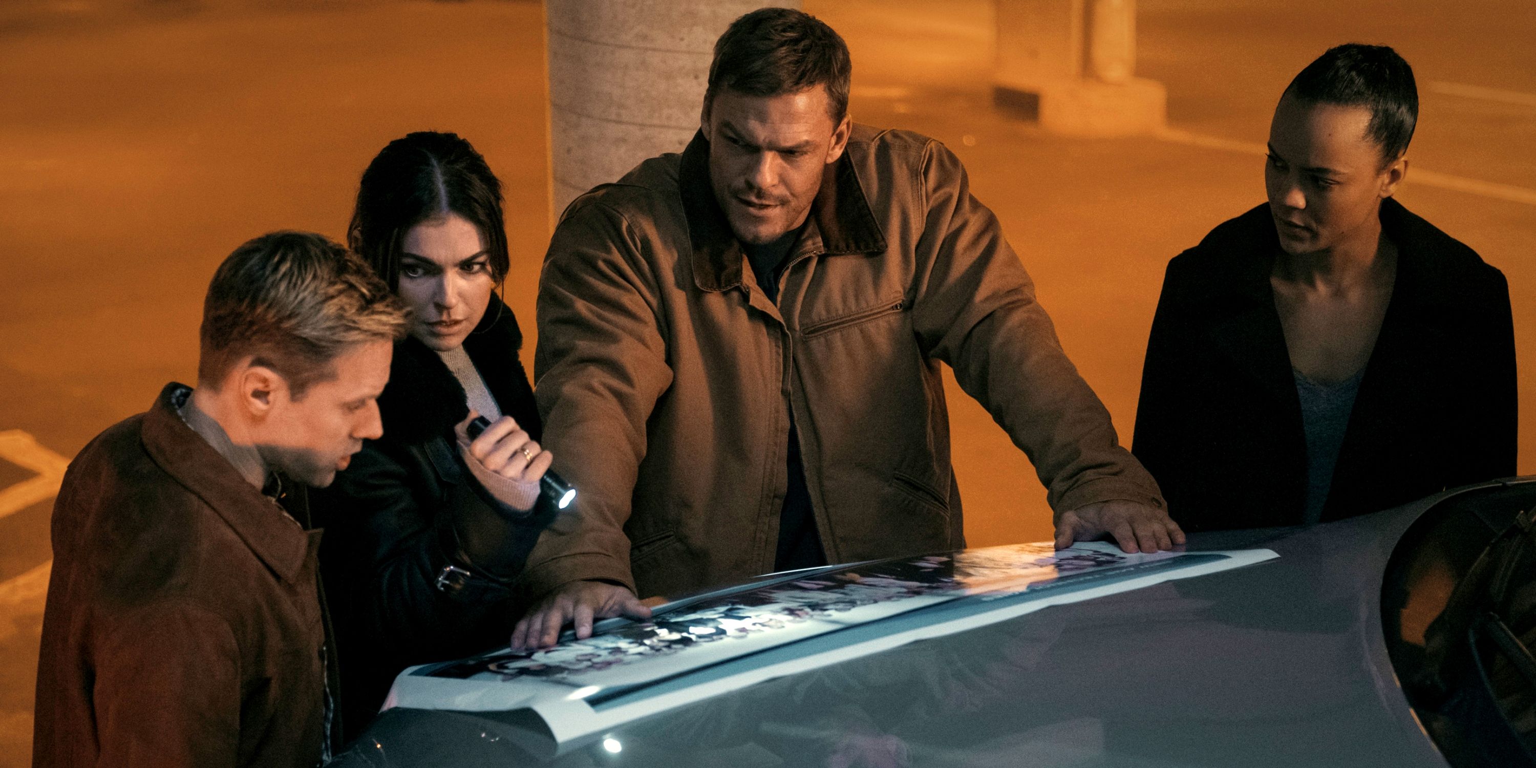 Alan Ritchson as Jack Reacher, Maria Sten as Frances Neagley, Serina Swan as Karla Dixon, and Shaun Sipos as David O'Donnell in Episode 3 of Season 2 of Reacher