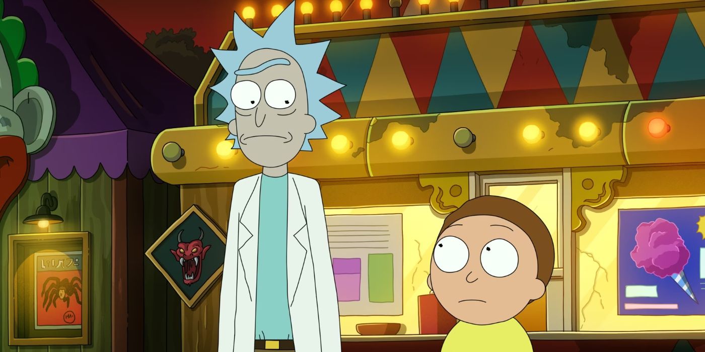 Rick and Morty standing next to each other at a carnival in Rick and Morty's Season 7 finale