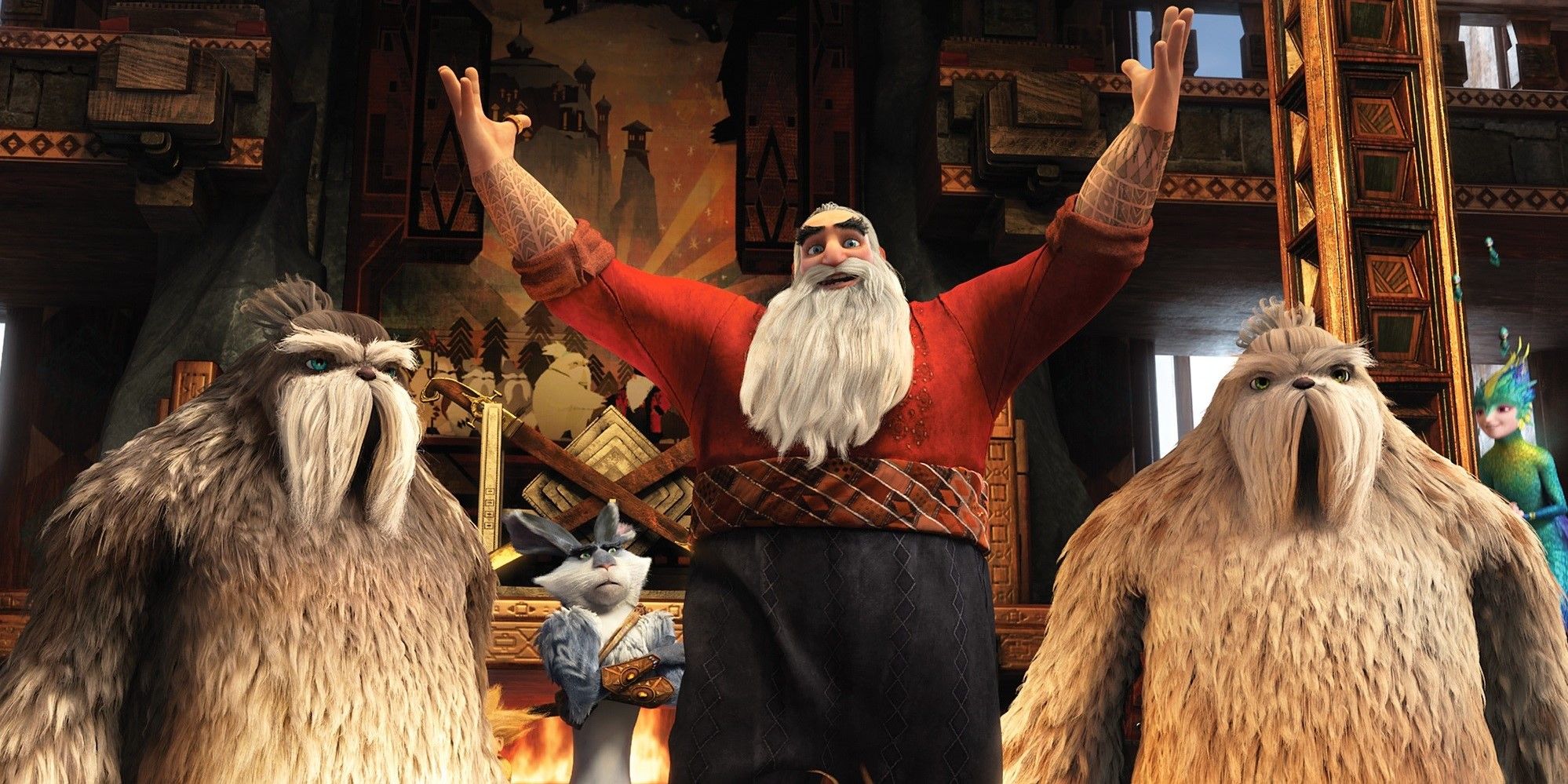 Santa Claus raising his arms while his Yetis stand behind him in Rise of the Guardians