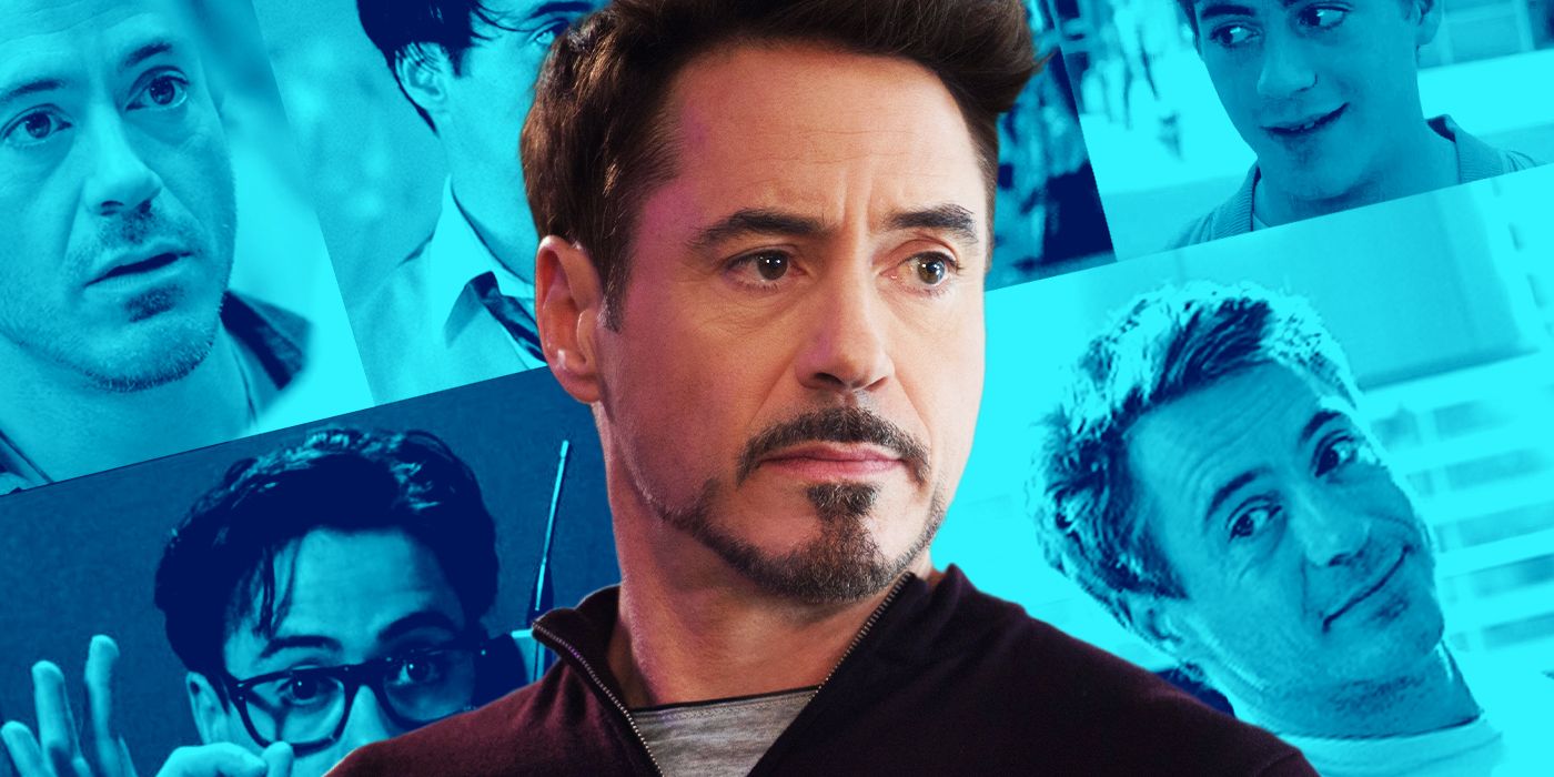 Blended image showing Robert Downey Jr. with a collage of his different performances in the background