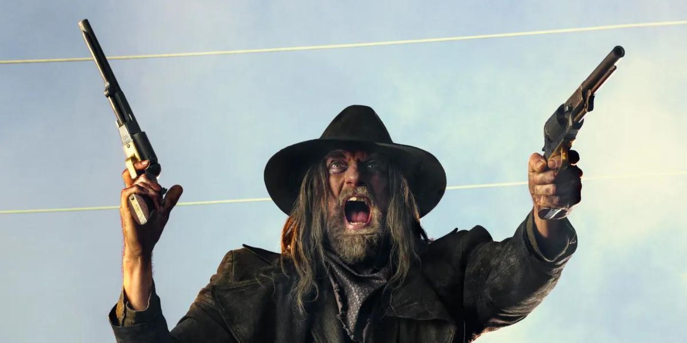 The Saint of Killers (Graham McTavish) screaming and holding two pistols in the air in Preacher