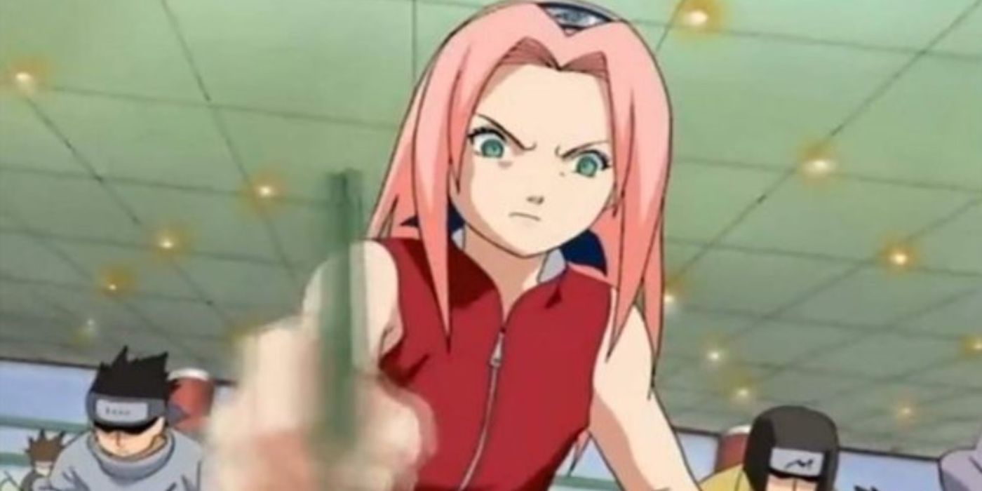 Sakura writing furiously during the Chunin Exams in 'Naruto'.