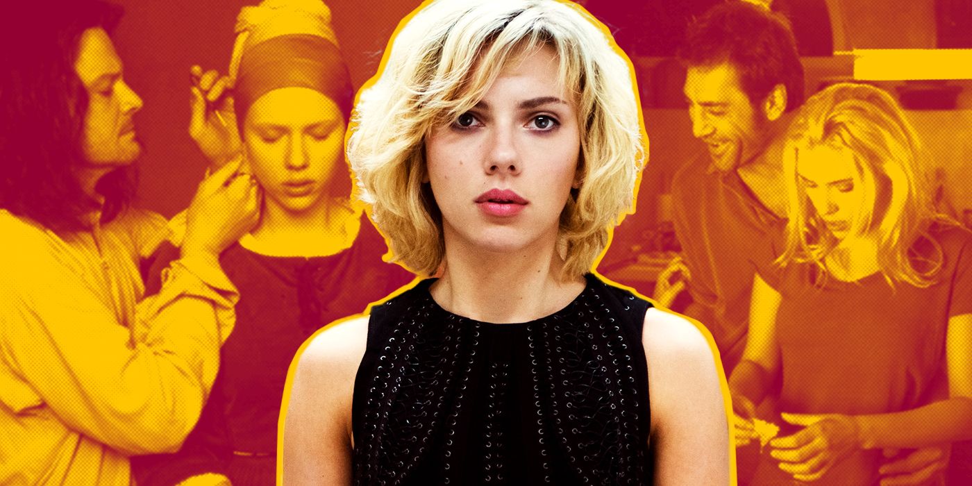 Blended image showing Scarlett Johansson with scenes from Girl with a Pearl Earring and Vicky Cristina Barcelona on the background.