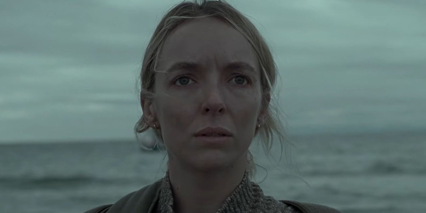 Jodie Comer standing in front of the ocean in The End We Start From