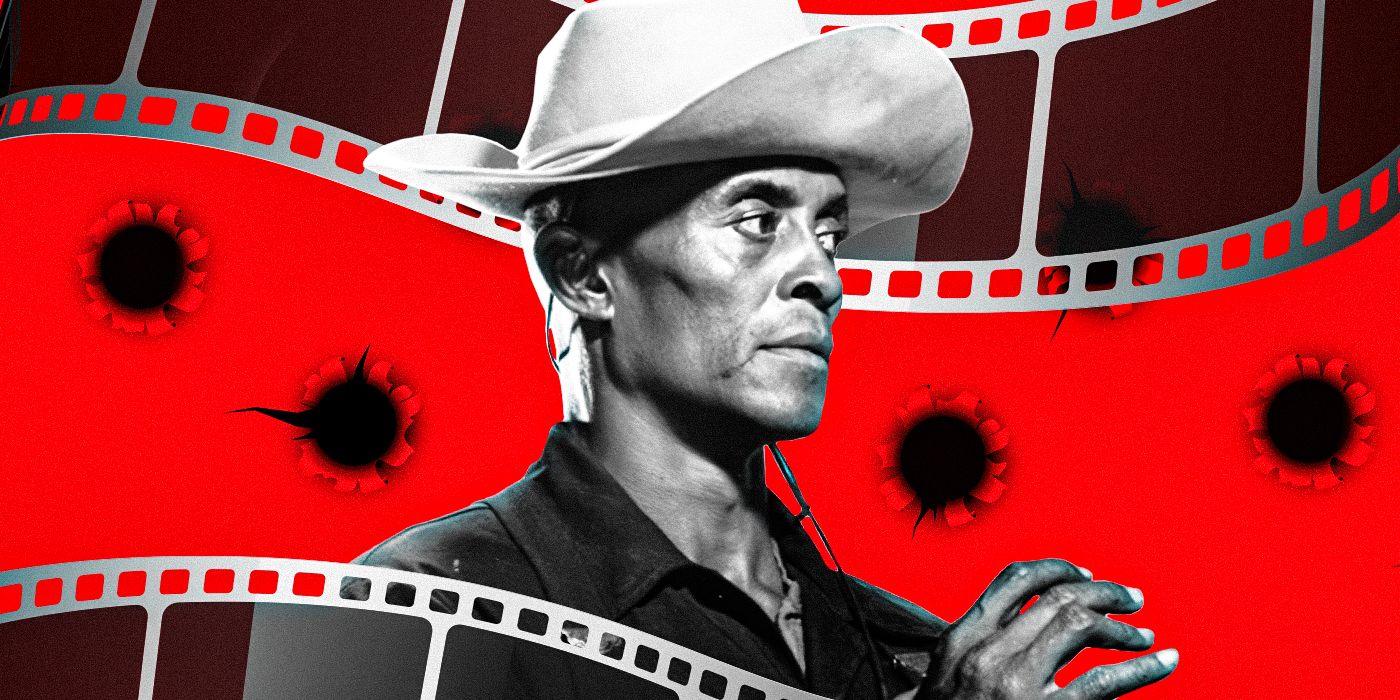Woody Strode as Sergeant Rutledge with a gun shot background