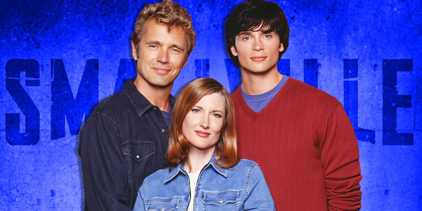 Clark, John, and Martha Kent from Smallville with the series title in the background