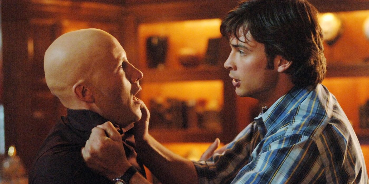Tom Welling as Clark Kent grabbing Michael Rosenabum's Lex Luthor by the collar in Smallville