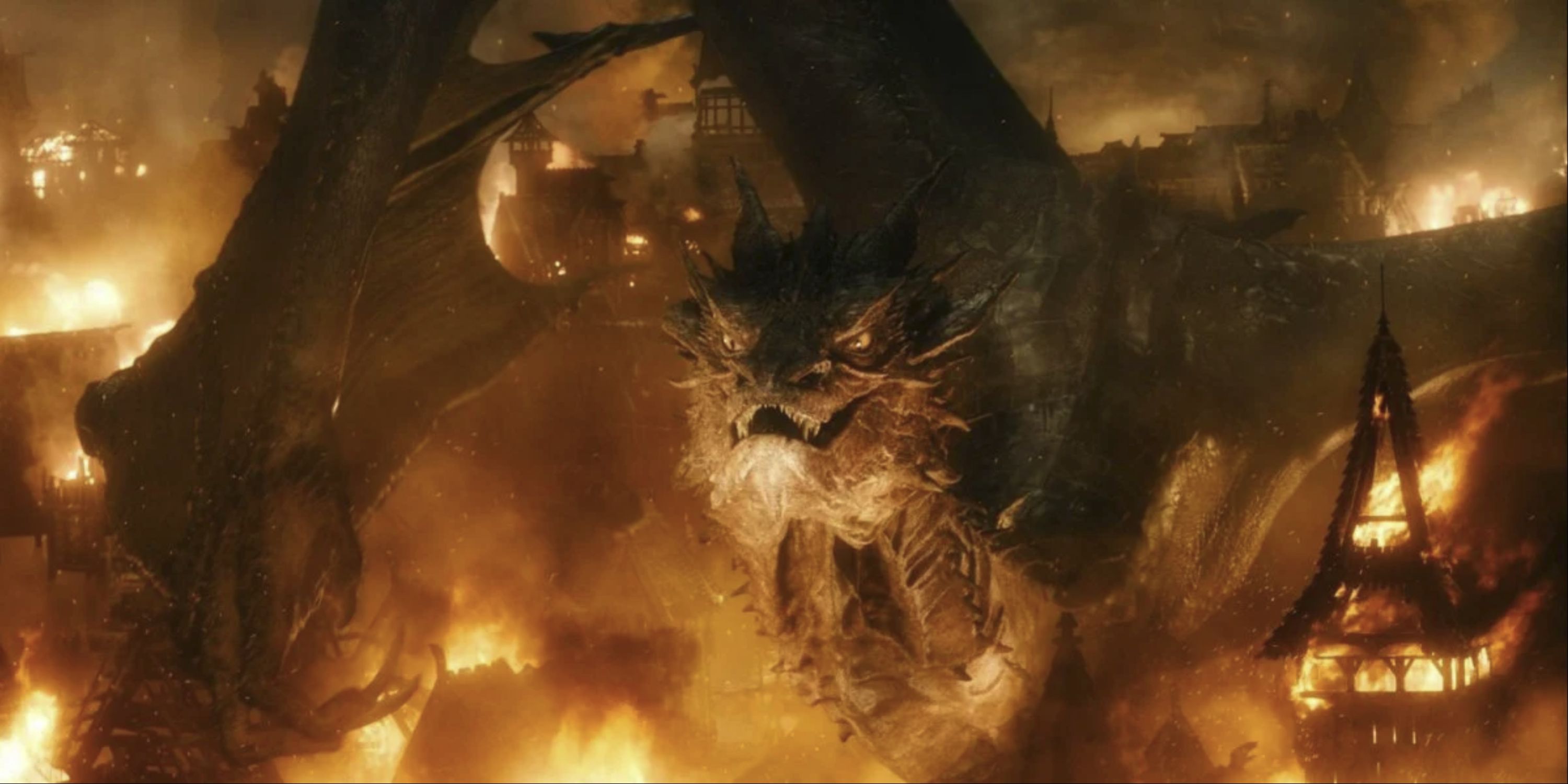 Smaug destroying a town in The Hobbit