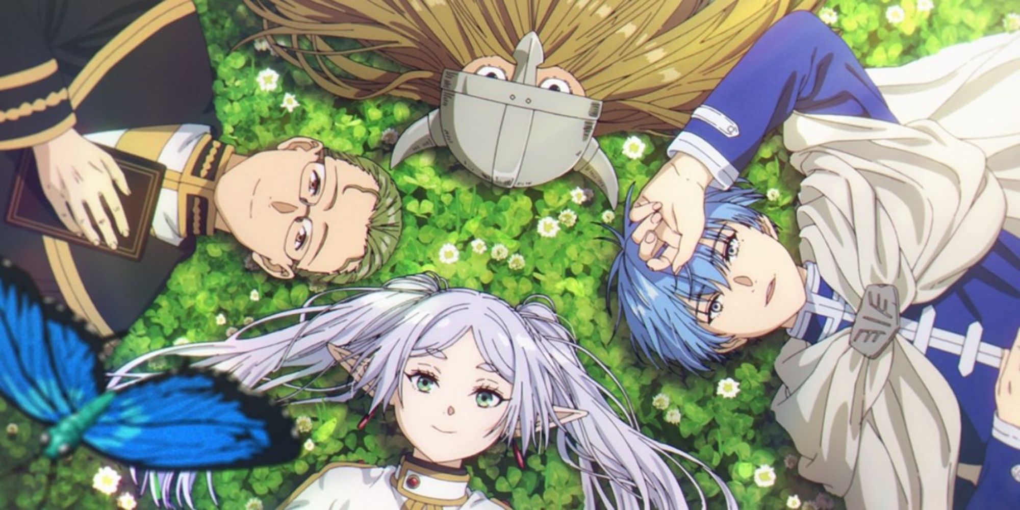 Frieren, Himmel, Heiter, and Eisen laying on a bed of clovers in Frieren: Beyond Journey's End.