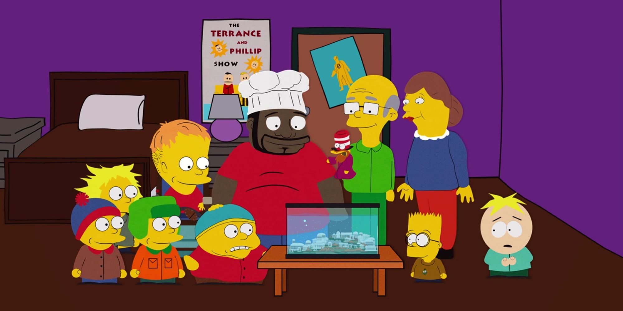 South Park characters drawn like Simpsons characters looking at a fish tank in Simpsons Already Did It