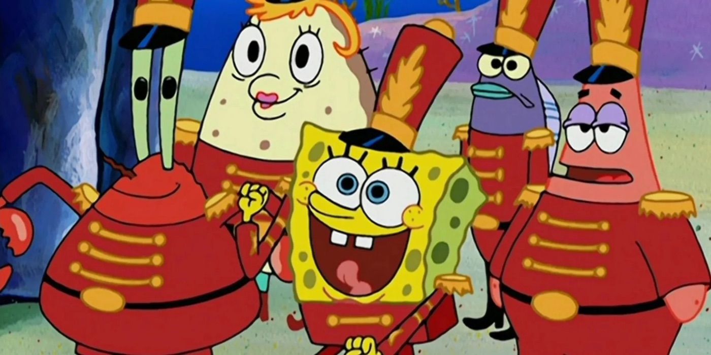 SpongeBob dancing excitedly next to other Bikini Bottom residents dressed in band attires.