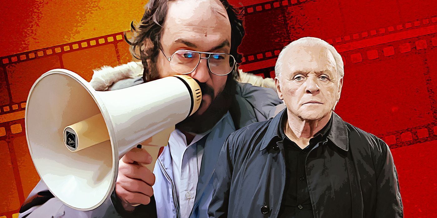 Stanley Kubrick with a megaphone and Anthony Hopkins with a film reel background