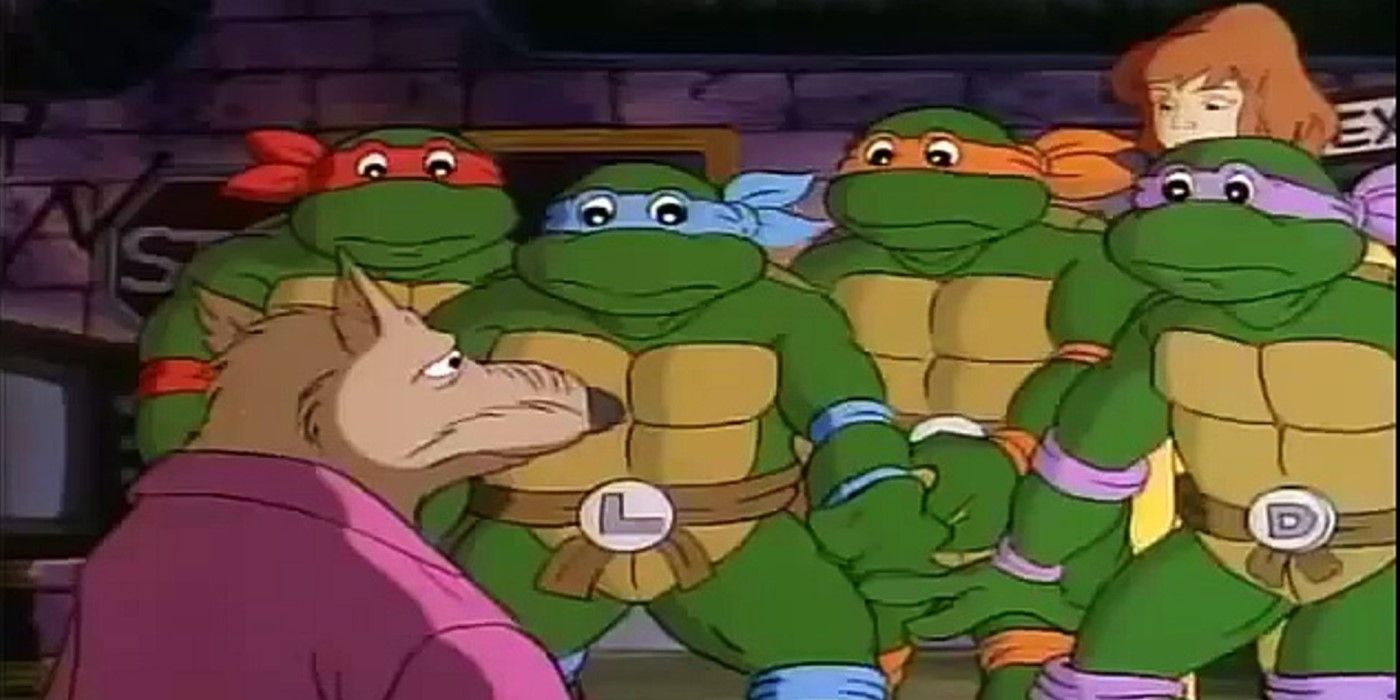 The turtles with Splinter and April on 'Teenage Mutant Ninja Turtles'