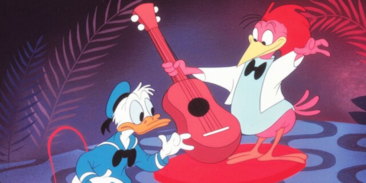The Aracuan Bird playing the ukulele for Donald Duck in &lsquo;Melody Time&rsquo;