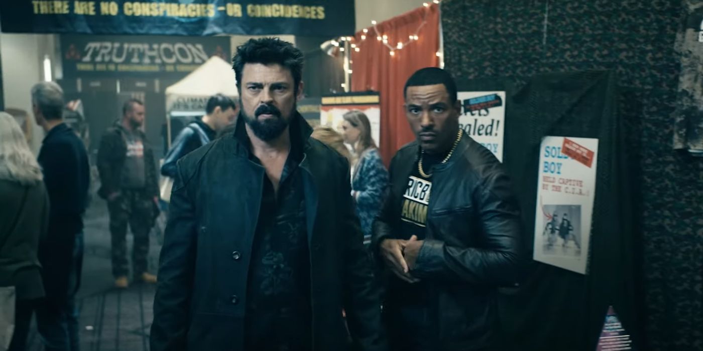 Billy Butcher (Karl Urban) and Mother's Milk (Laz Alonso) at a gunshow in The Boys Season 4