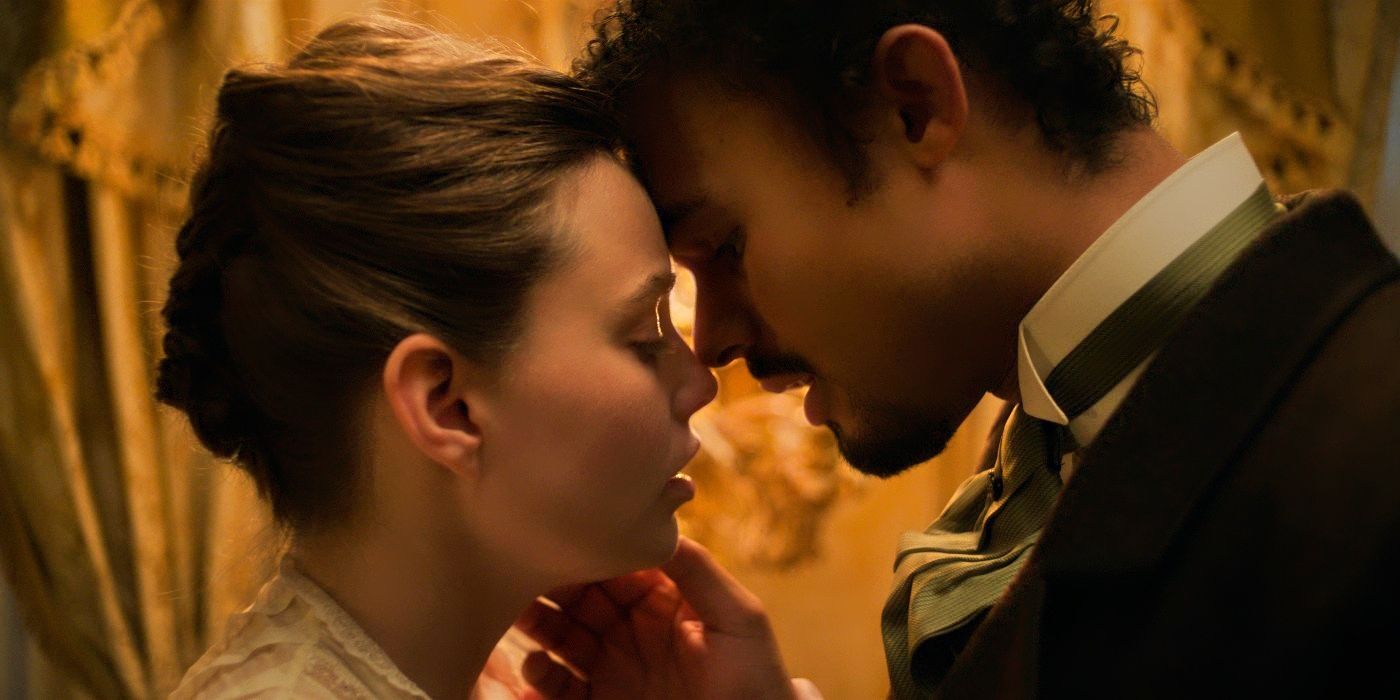 Kristine Froseth and Matthew Broome standing together with foreheads touching in The Buccaneers Episode 8