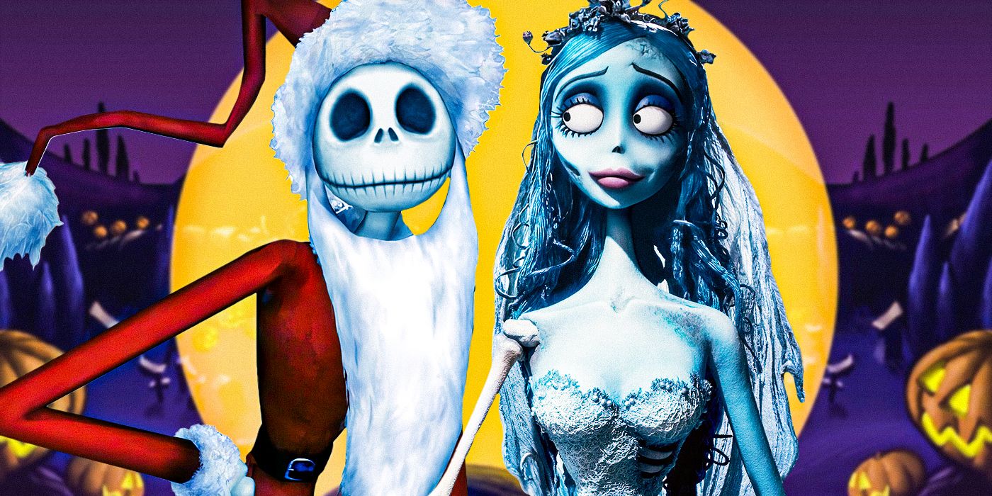 A custom image of Jack Skellington in a Santa outfit next to The Bride from Tim Burton's Corpse Bride