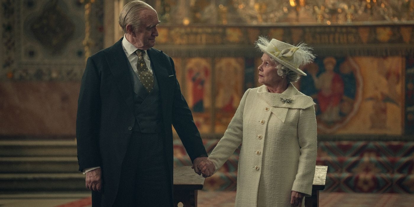 Jonathan Pryce and Imelda Staunton holding hands in The Crown Season 6 finale