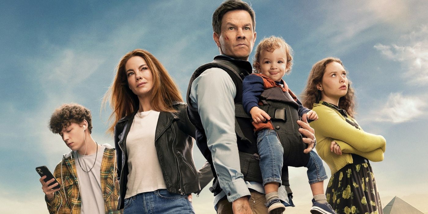 The Morgans in The Family Plan: Kyle (Van Crosby), Jessica (Michelle Monaghan), Dan (Mark Wahlberg), and Nina (Zoe Colletti)