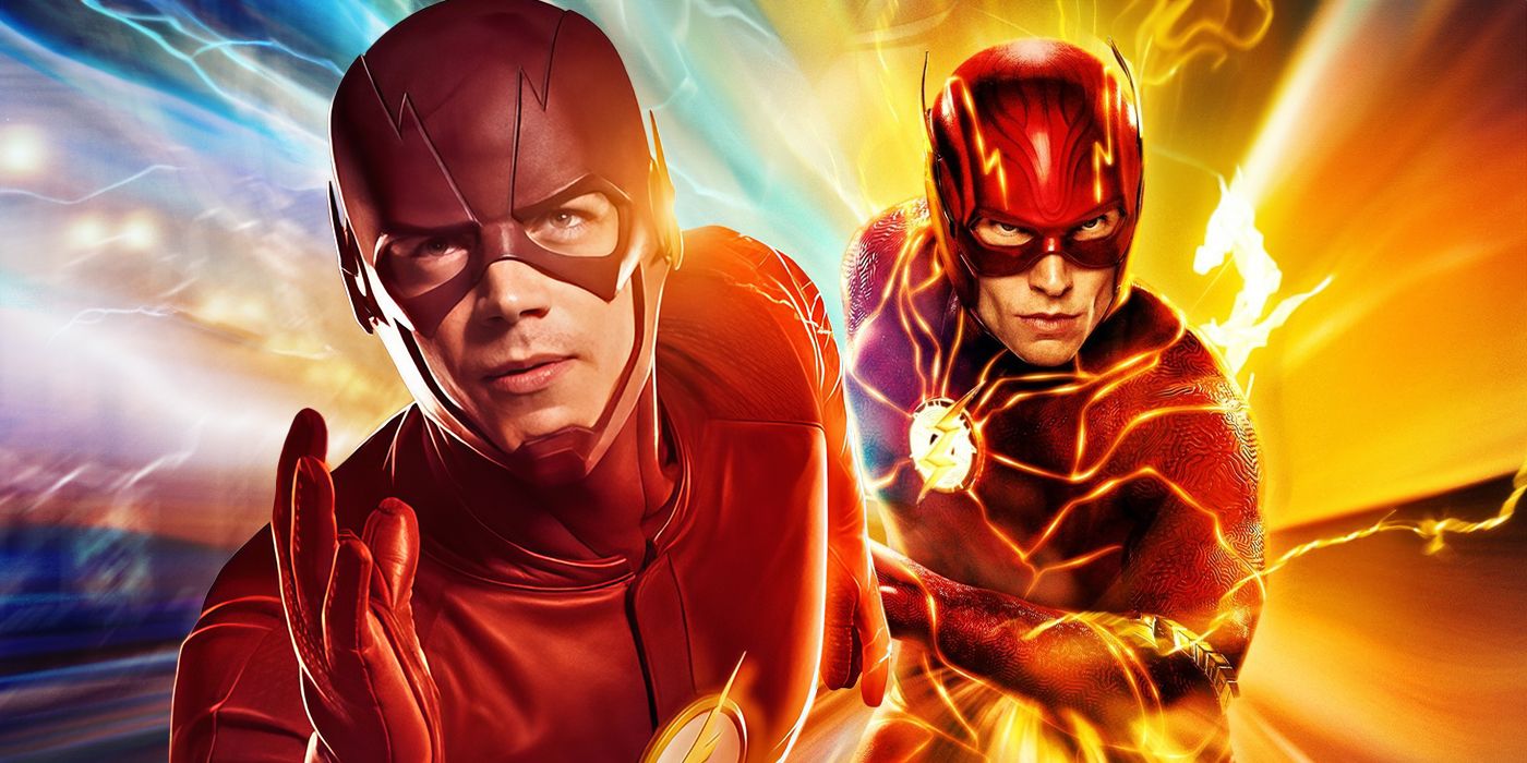 A custom image of Grant Gustin's CW Flash and Ezra Miller's DCEU Flash running, surrounded by lightning 