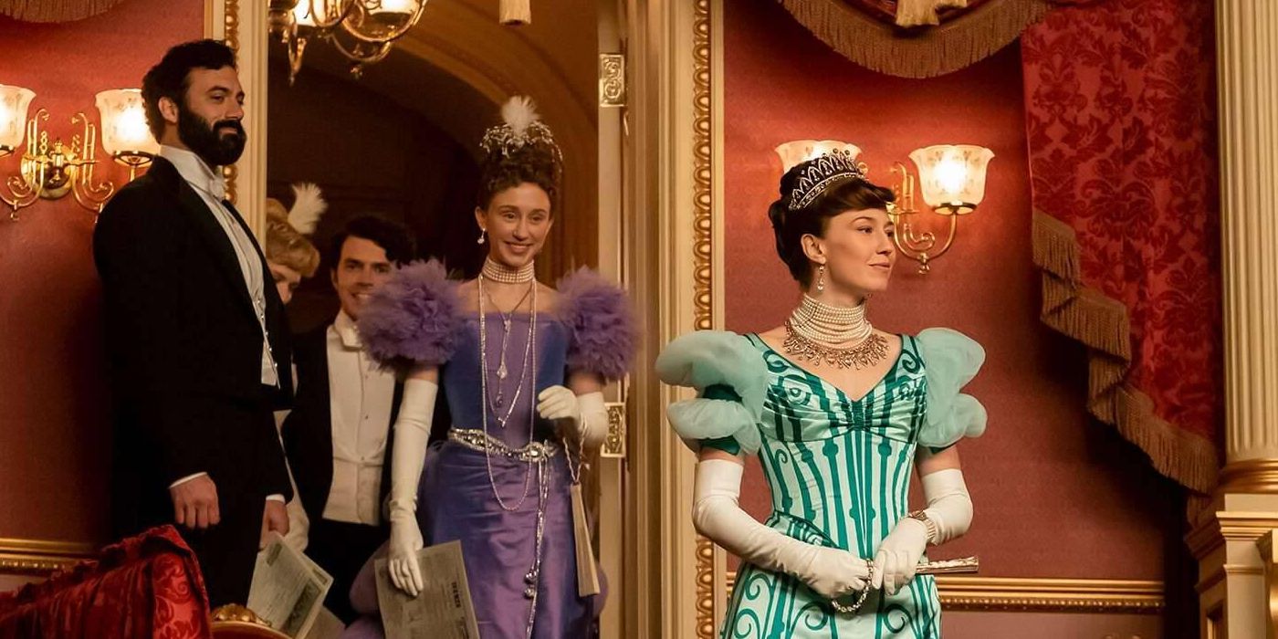 Bertha Russell (Carrie Coon), George (Morgan Spector), and Gladys (Taissa Farmiga) entering an opera box in 'The Gilded Age' Season 2 finale