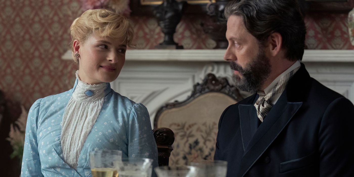 Marian (Louisa Jacobson) and Dashiell (David Furr) smiling at each other in The Gilded Age Season 2